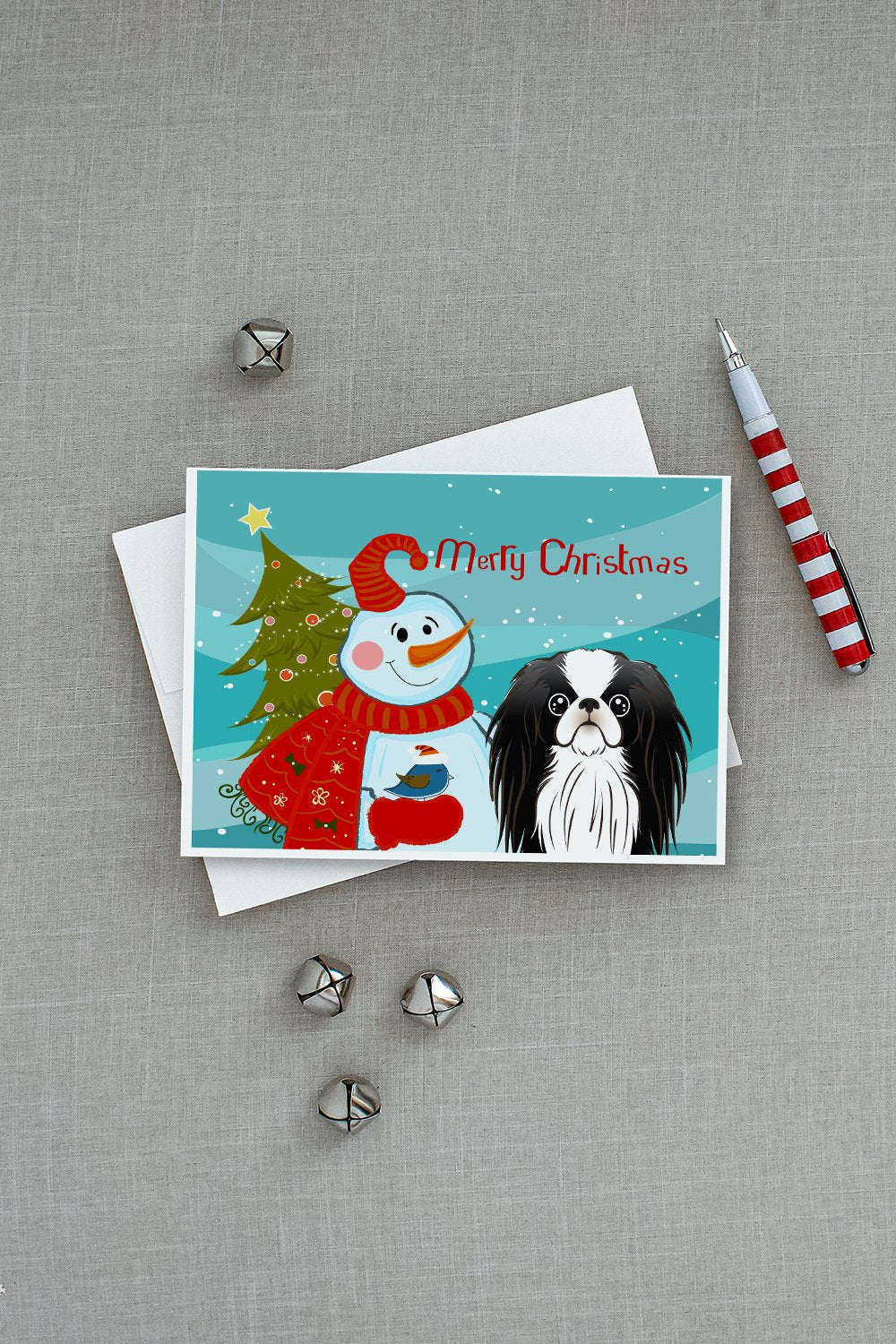 Snowman with Japanese Chin Greeting Cards Pack of 8 Blank Cards with Envelopes Whimsical A7 Size 5x7