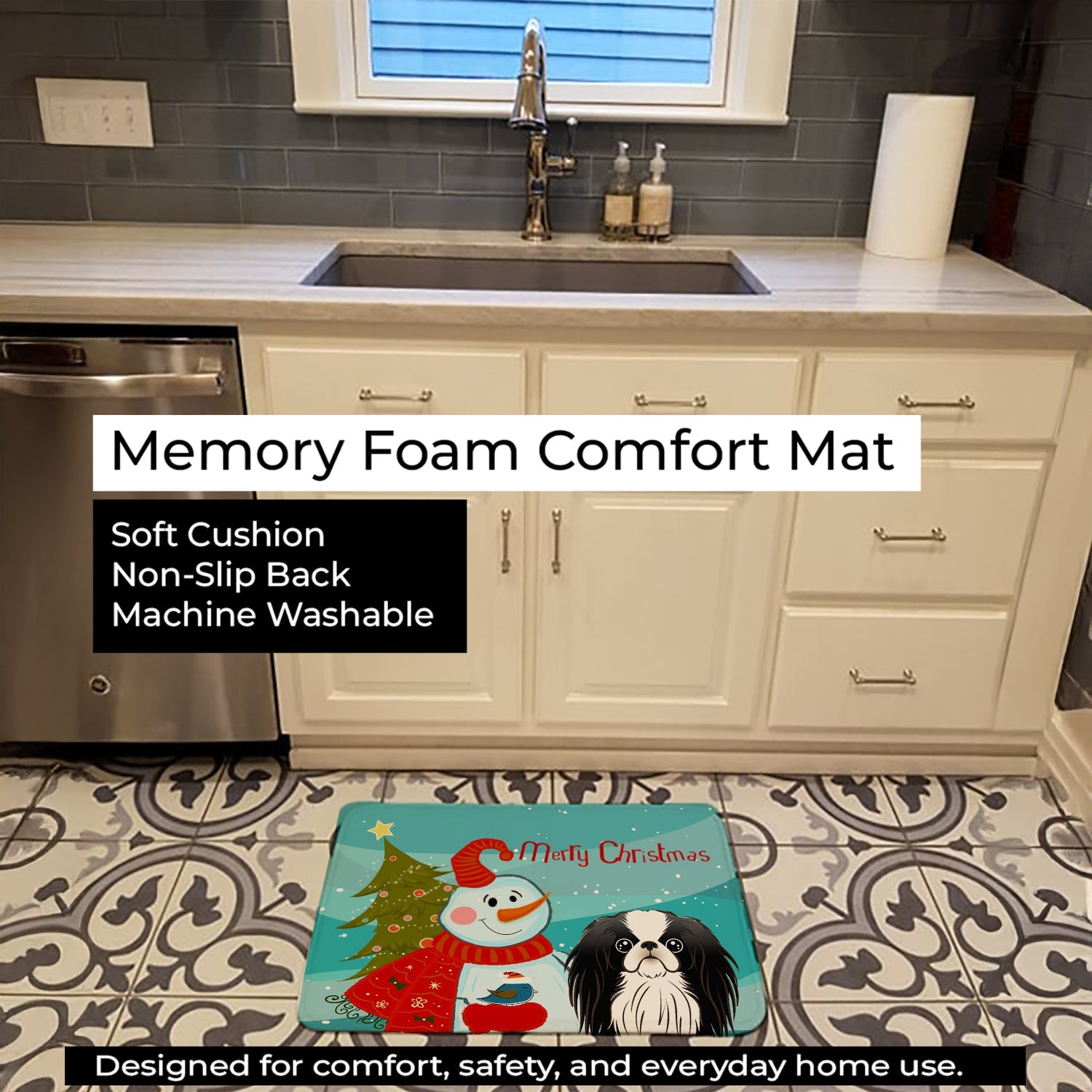 Snowman with Japanese Chin Memory Foam Kitchen Mat Machine Washable Anti-Fatigue Cushion Comfort Bath or Kitchen Rug