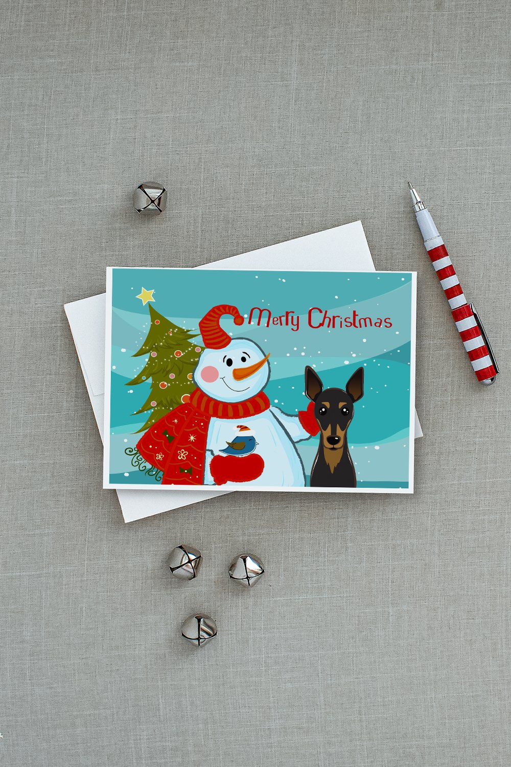 Snowman with Min Pin Greeting Cards Pack of 8 Blank Cards with Envelopes Whimsical A7 Size 5x7