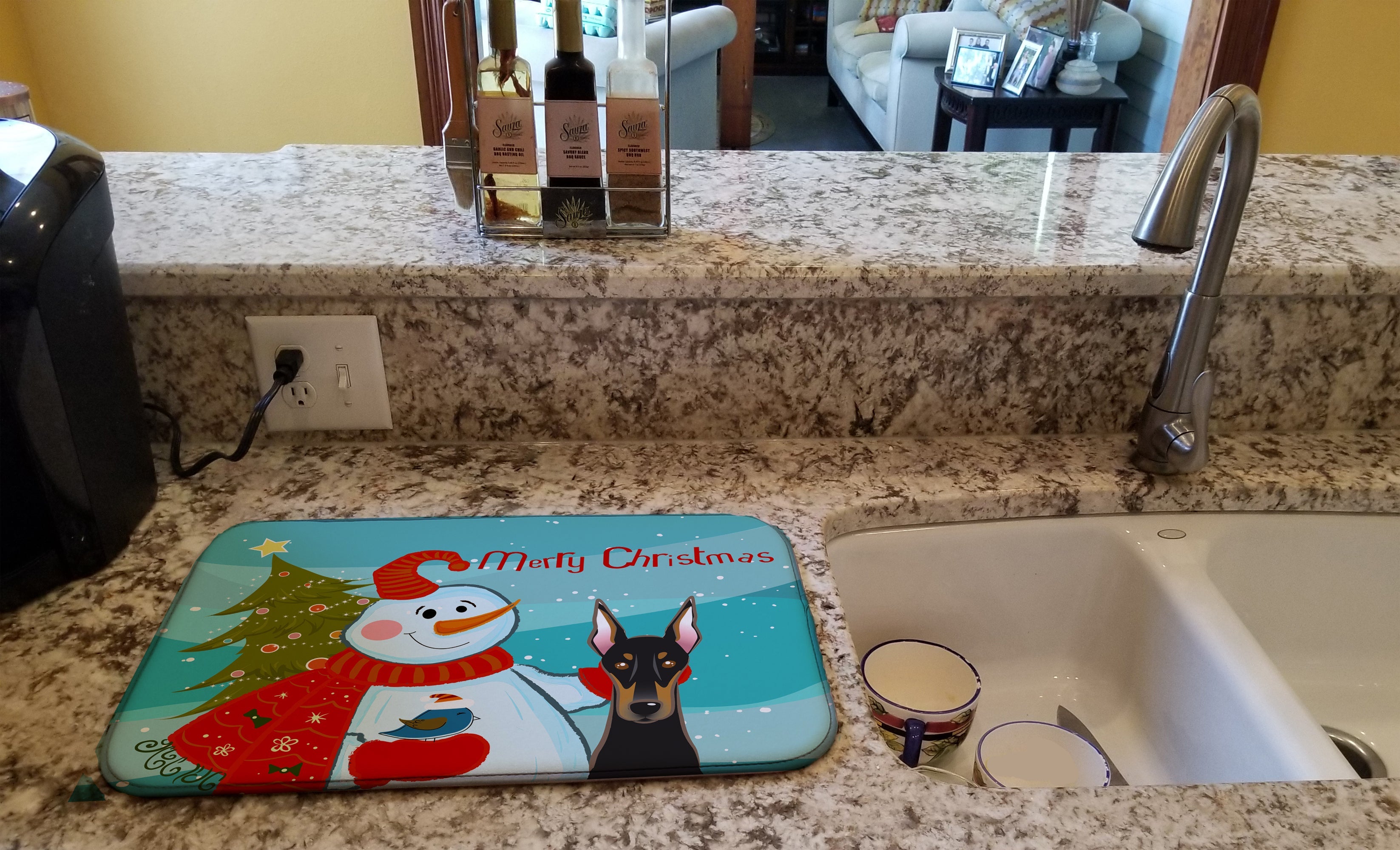 Snowman with Doberman Dish Drying Mat Absorbent Dish Drying Mat Pad for Kitchen Counter Dish Drainer Mat for Countertop, 14 x 21", Multicolor