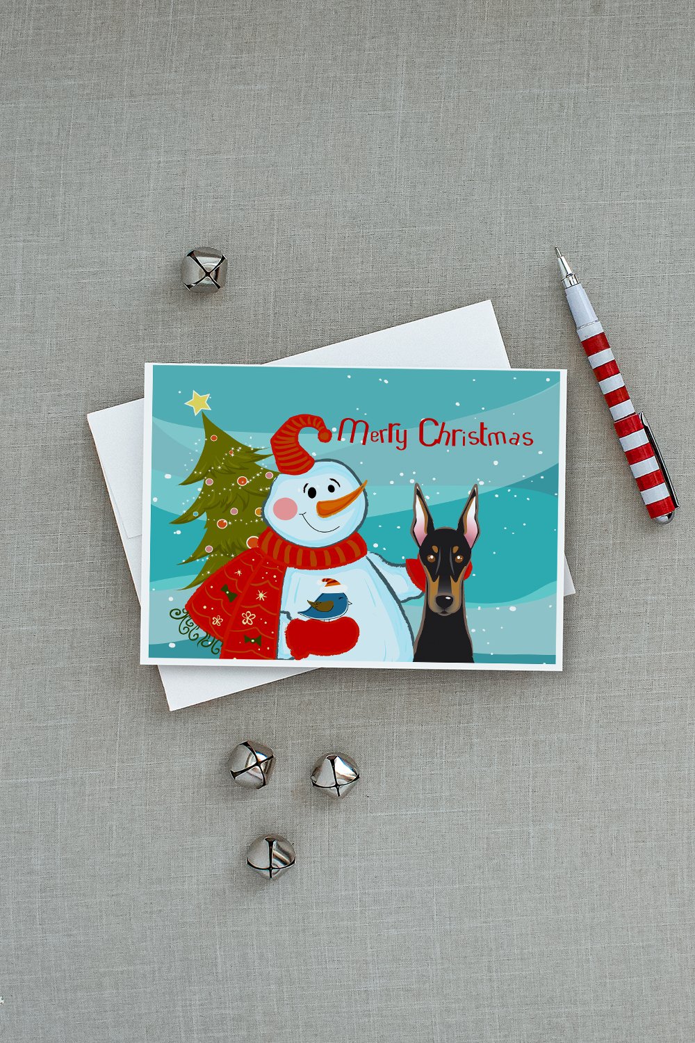 Snowman with Doberman Greeting Cards Pack of 8 Blank Cards with Envelopes Whimsical A7 Size 5x7