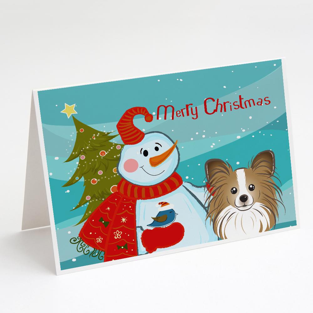 Snowman with Papillon Greeting Cards Pack of 8 Blank Cards with Envelopes Whimsical A7 Size 5x7