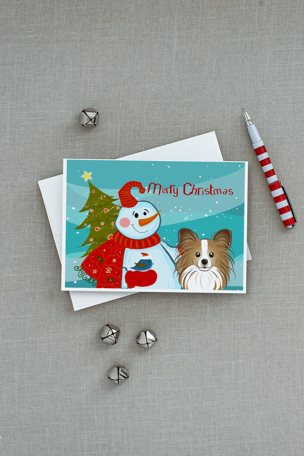 Snowman with Papillon Greeting Cards Pack of 8 Blank Cards with Envelopes Whimsical A7 Size 5x7