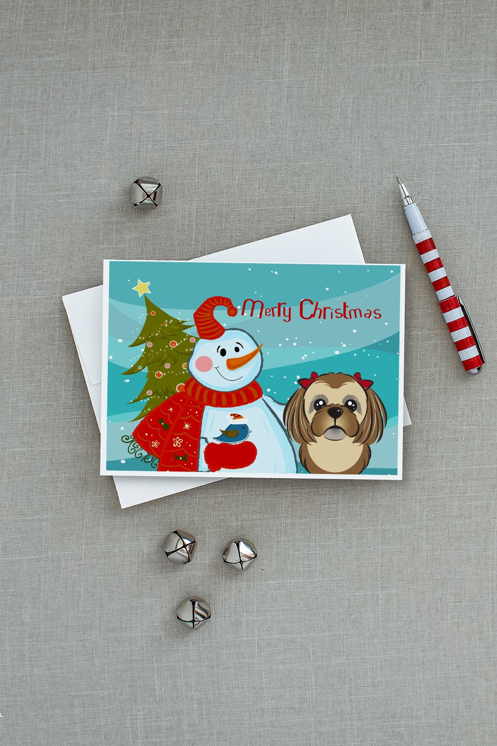 Snowman with Chocolate Brown Shih Tzu Greeting Cards Pack of 8 Blank Cards with Envelopes Whimsical A7 Size 5x7