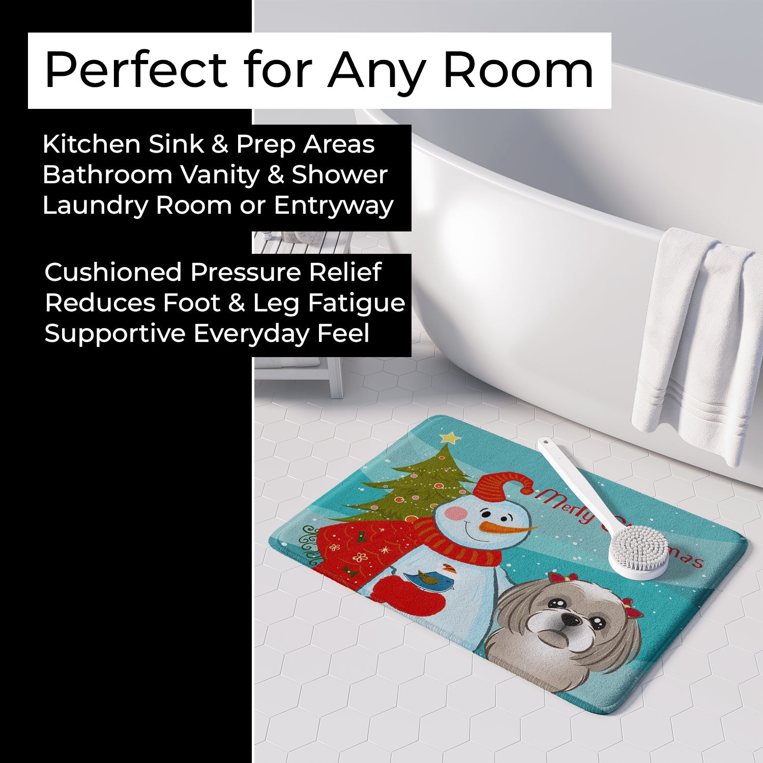 Snowman with Gray Silver Shih Tzu Memory Foam Kitchen Mat Machine Washable Anti-Fatigue Cushion Comfort Bath or Kitchen Rug