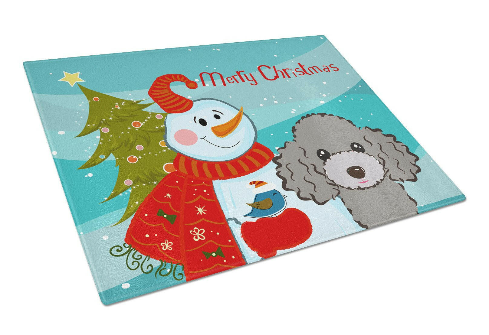 Snowman with Silver Gray Poodle Cutting Board Tempered Glass Kitchen Cutting Surface, Heat Resistant Chopping, Non-Slip Feet, Food Prep & Serving