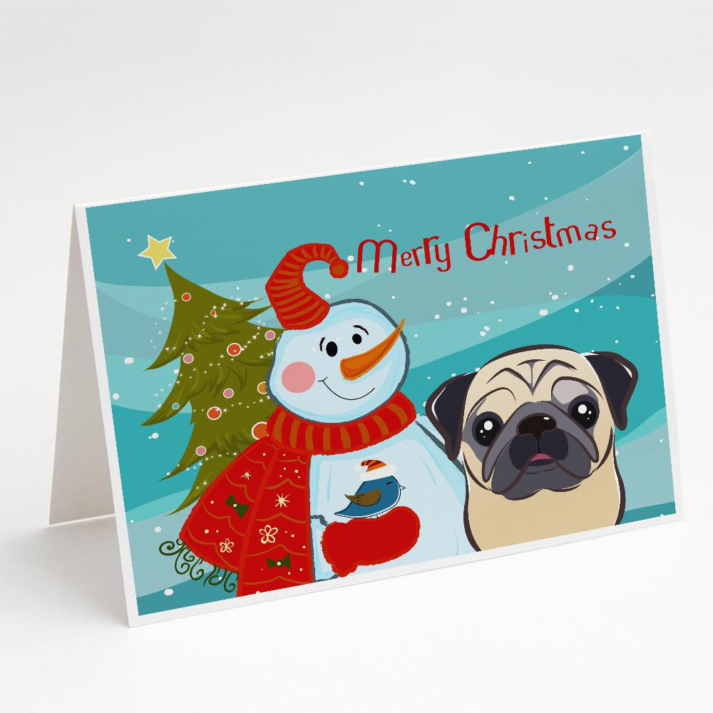 Snowman with Fawn Pug Greeting Cards Pack of 8 Blank Cards with Envelopes Whimsical A7 Size 5x7