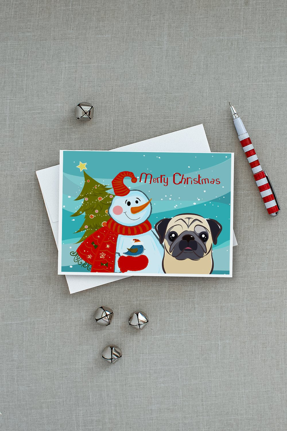 Snowman with Fawn Pug Greeting Cards Pack of 8 Blank Cards with Envelopes Whimsical A7 Size 5x7