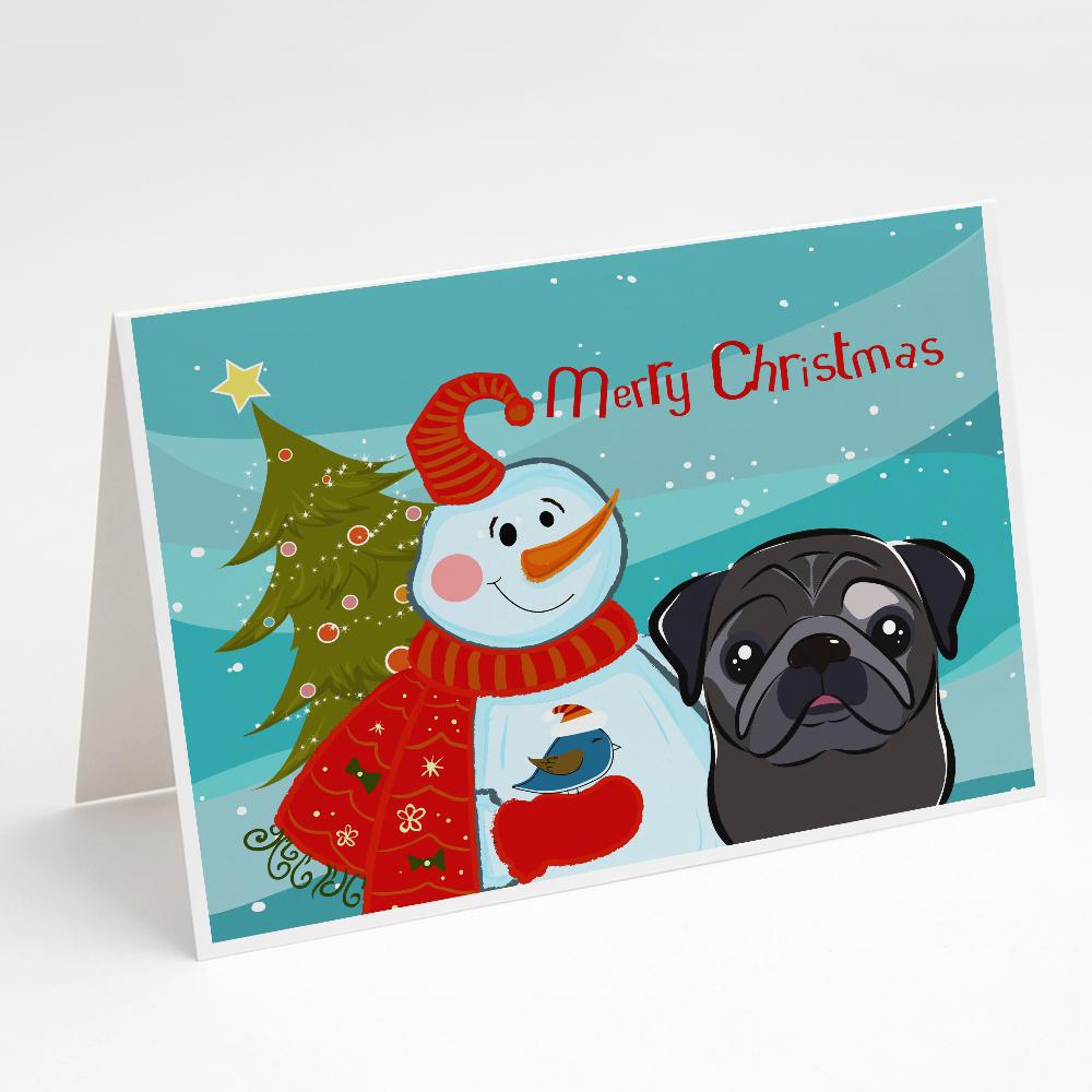 Snowman with Black Pug Greeting Cards Pack of 8 Blank Cards with Envelopes Whimsical A7 Size 5x7