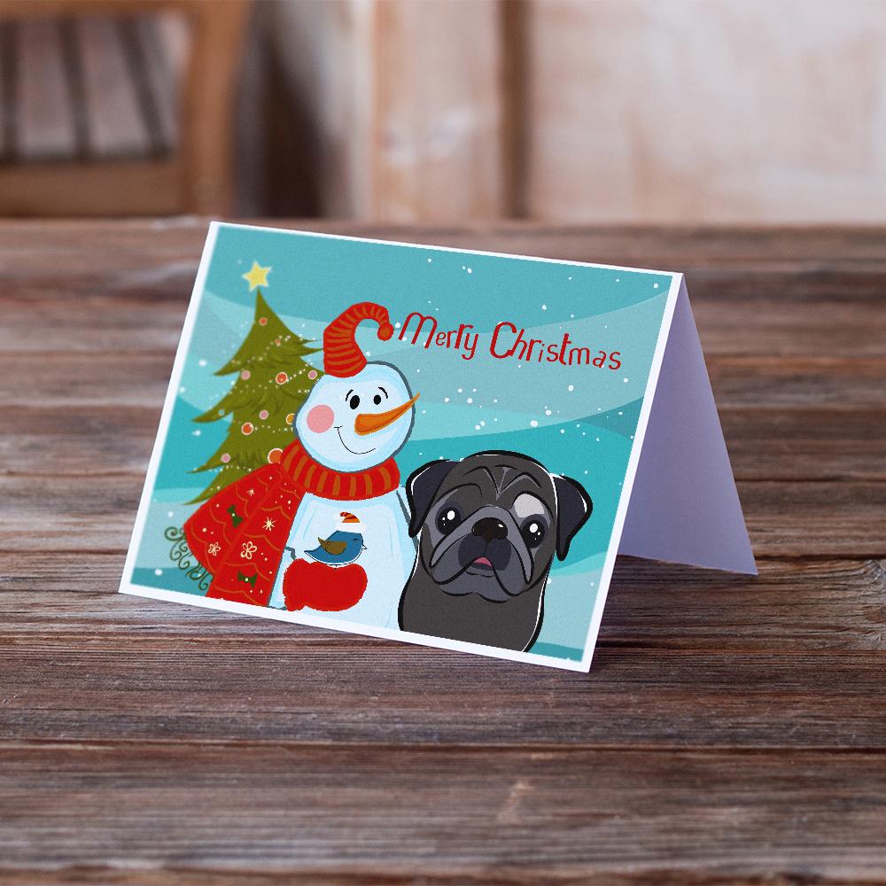 Snowman with Black Pug Greeting Cards Pack of 8 Blank Cards with Envelopes Whimsical A7 Size 5x7