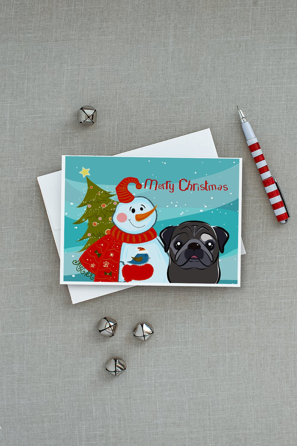 Snowman with Black Pug Greeting Cards Pack of 8 Blank Cards with Envelopes Whimsical A7 Size 5x7