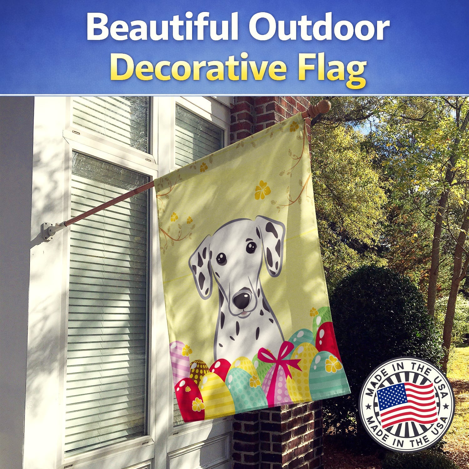 Dalmatian Easter Egg Hunt House Flag 28x40 Porch Sleeve Pole Decorative Outside Yard Banner Artwork Wall Hanging, Polyester