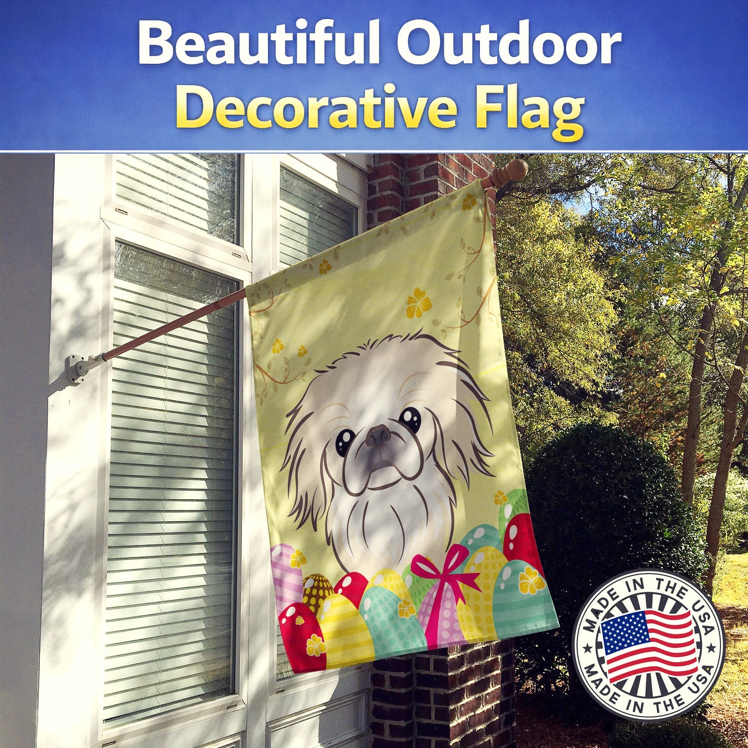 Pekingese Easter Egg Hunt House Flag 28x40 Porch Sleeve Pole Decorative Outside Yard Banner Artwork Wall Hanging, Polyester