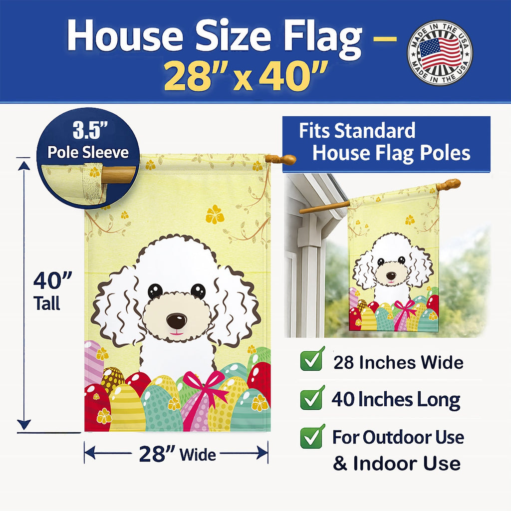 White Poodle Easter Egg Hunt House Flag 28x40 Porch Sleeve Pole Decorative Outside Yard Banner Artwork Wall Hanging, Polyester