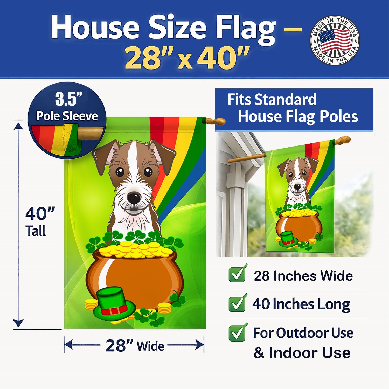 Jack Russell Terrier St. Patrick's Day House Flag 28x40 Porch Sleeve Pole Decorative Outside Yard Banner Artwork Wall Hanging, Polyester