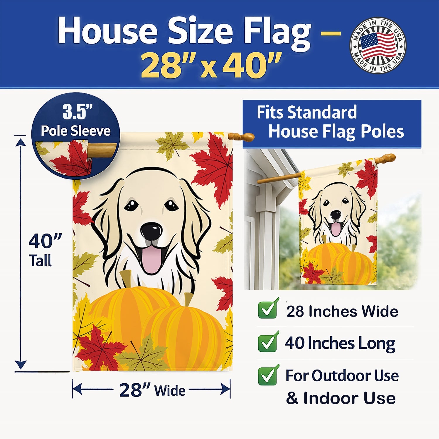 Golden Retriever Thanksgiving House Flag 28x40 Porch Sleeve Pole Decorative Outside Yard Banner Artwork Wall Hanging, Polyester