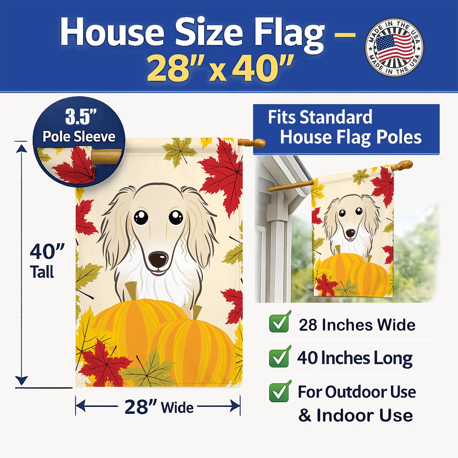Longhair Creme Dachshund Thanksgiving House Flag 28x40 Porch Sleeve Pole Decorative Outside Yard Banner Artwork Wall Hanging, Polyester