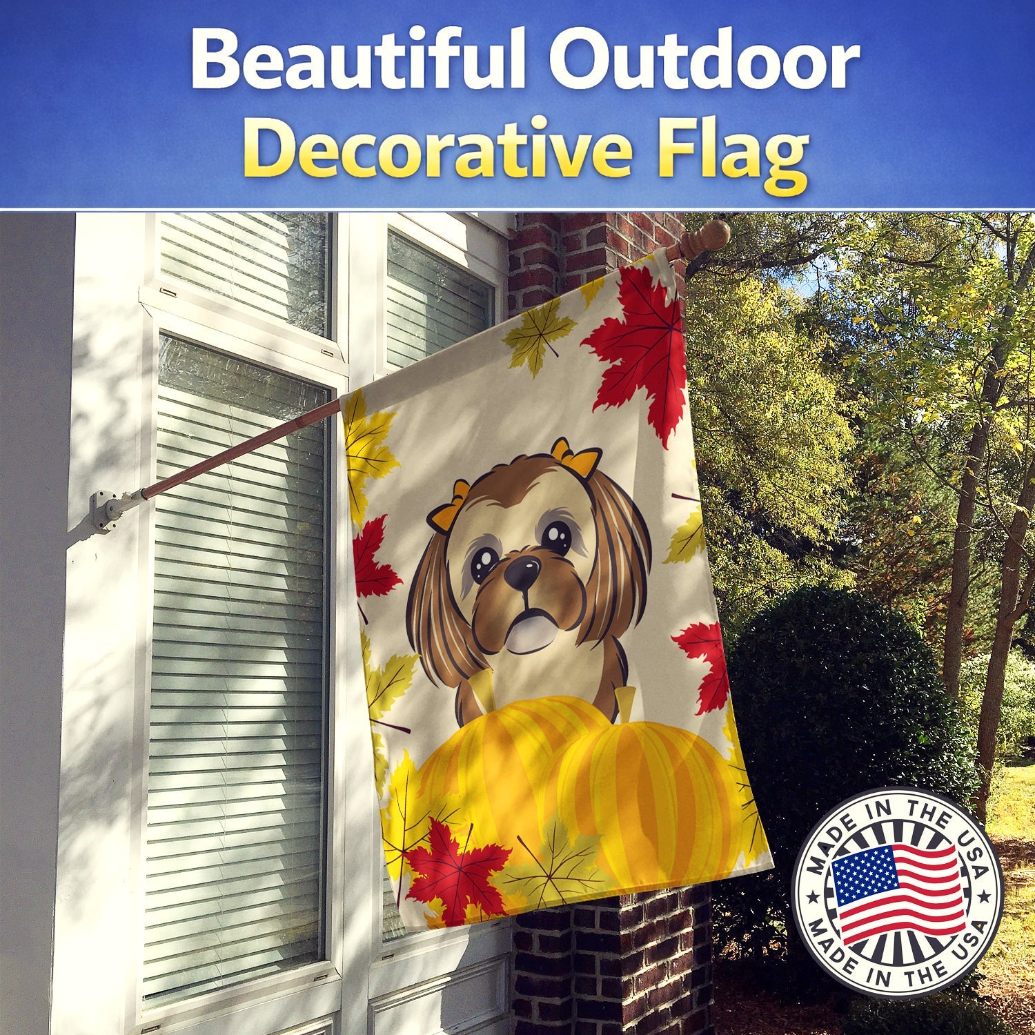 Chocolate Brown Shih Tzu Thanksgiving House Flag 28x40 Porch Sleeve Pole Decorative Outside Yard Banner Artwork Wall Hanging, Polyester