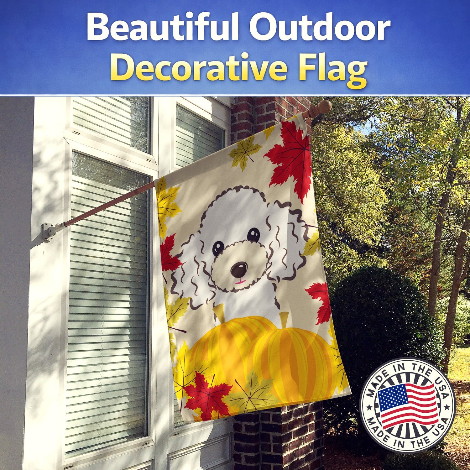 White Poodle Thanksgiving House Flag 28x40 Porch Sleeve Pole Decorative Outside Yard Banner Artwork Wall Hanging, Polyester