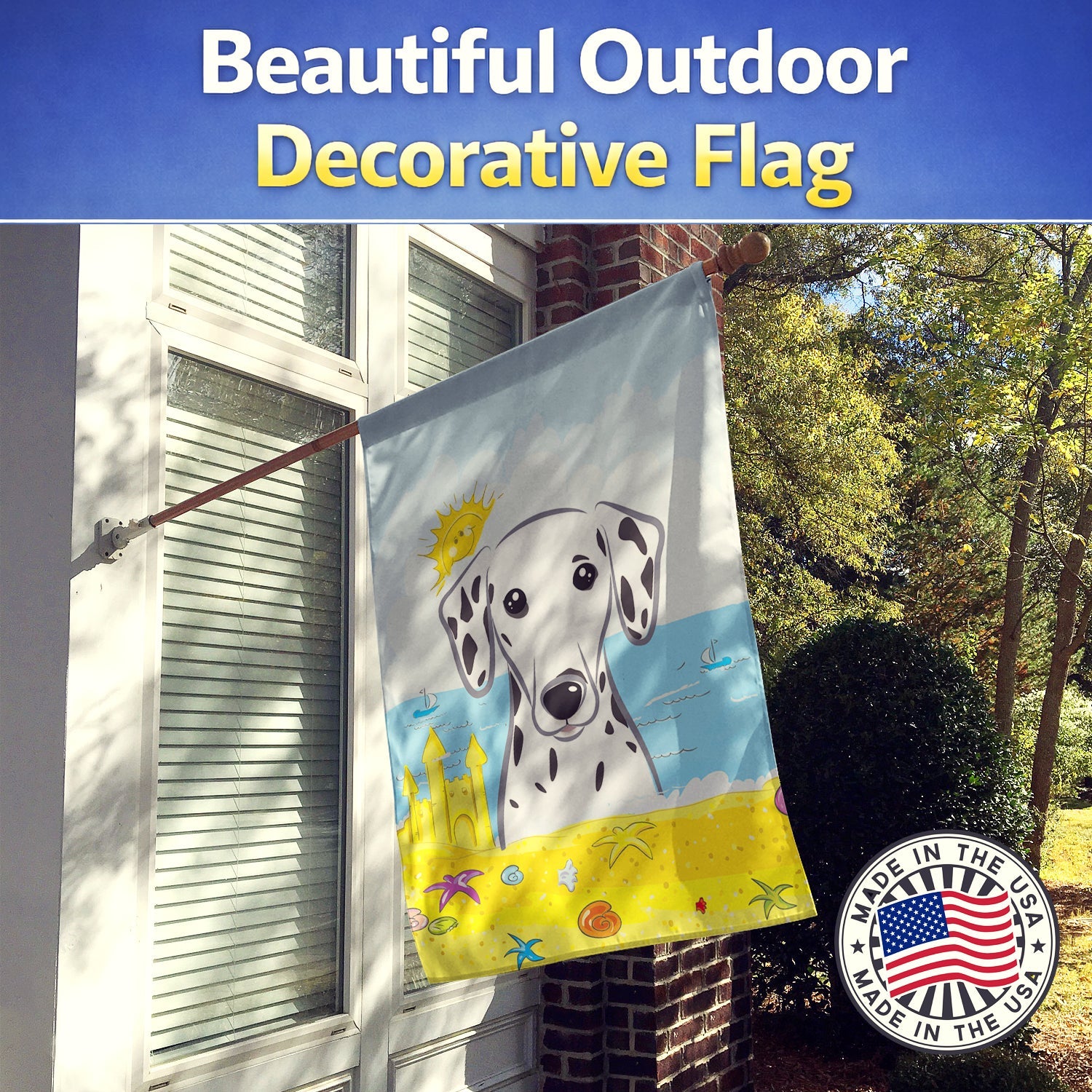 Dalmatian Summer Beach House Flag 28x40 Porch Sleeve Pole Decorative Outside Yard Banner Artwork Wall Hanging, Polyester