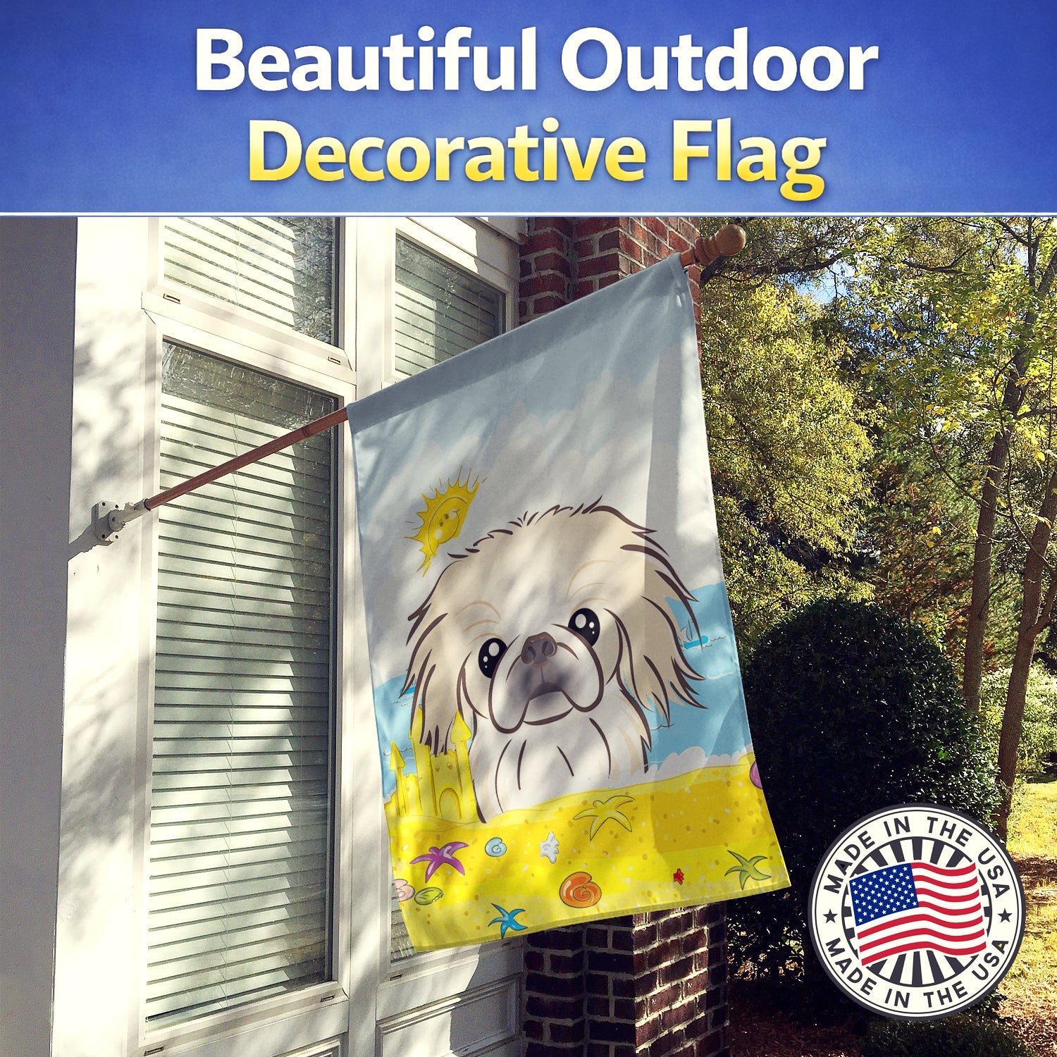 Pekingese Summer Beach House Flag 28x40 Porch Sleeve Pole Decorative Outside Yard Banner Artwork Wall Hanging, Polyester