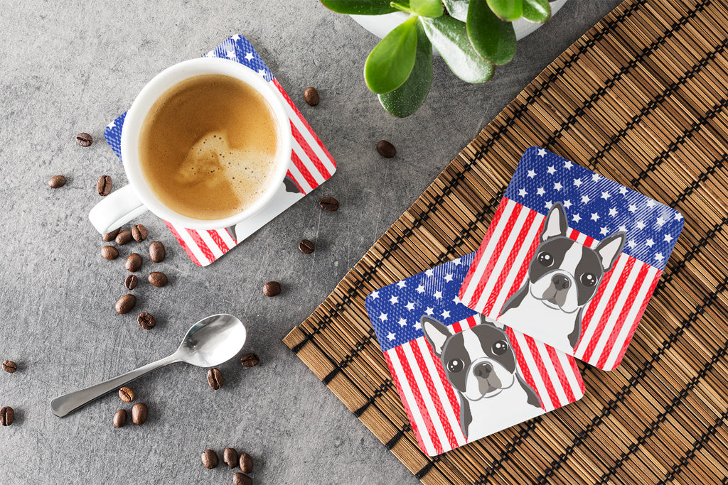 American Flag and Boston Terrier Foam Coasters Set of 4 Cup Coasters for Indoor Outdoor, Tabletop Protection, Anti Slip, Mouse pad Material