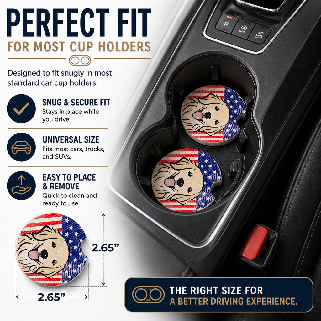 American Flag and Golden Retriever Set of 2 Cup Holder Car Coasters Absorbent Round Sandstone Coasters Gifts for Men or Women, 2.5, Multicolor