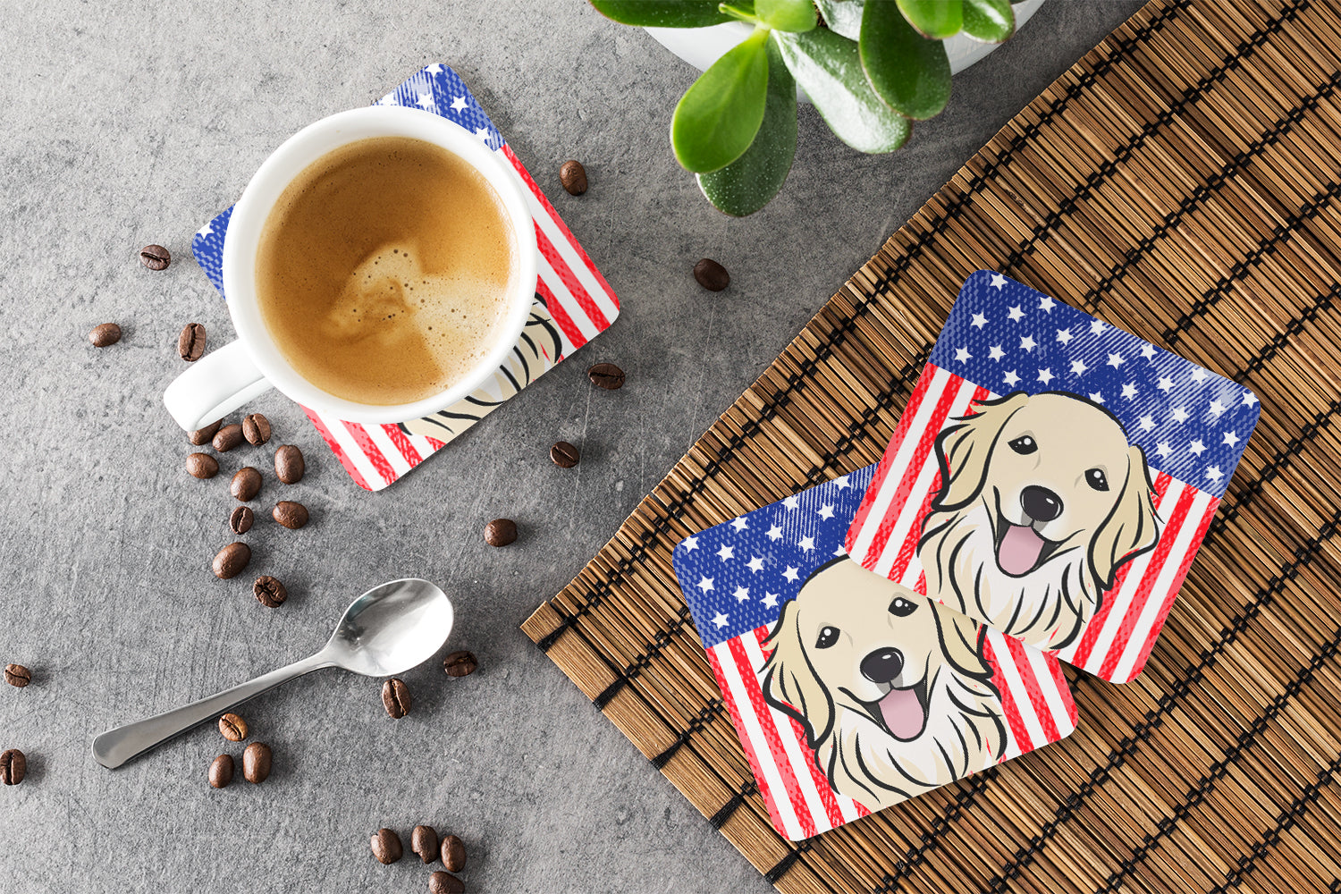 American Flag and Golden Retriever Foam Coasters Set of 4 Cup Coasters for Indoor Outdoor, Tabletop Protection, Anti Slip, Mouse pad Material