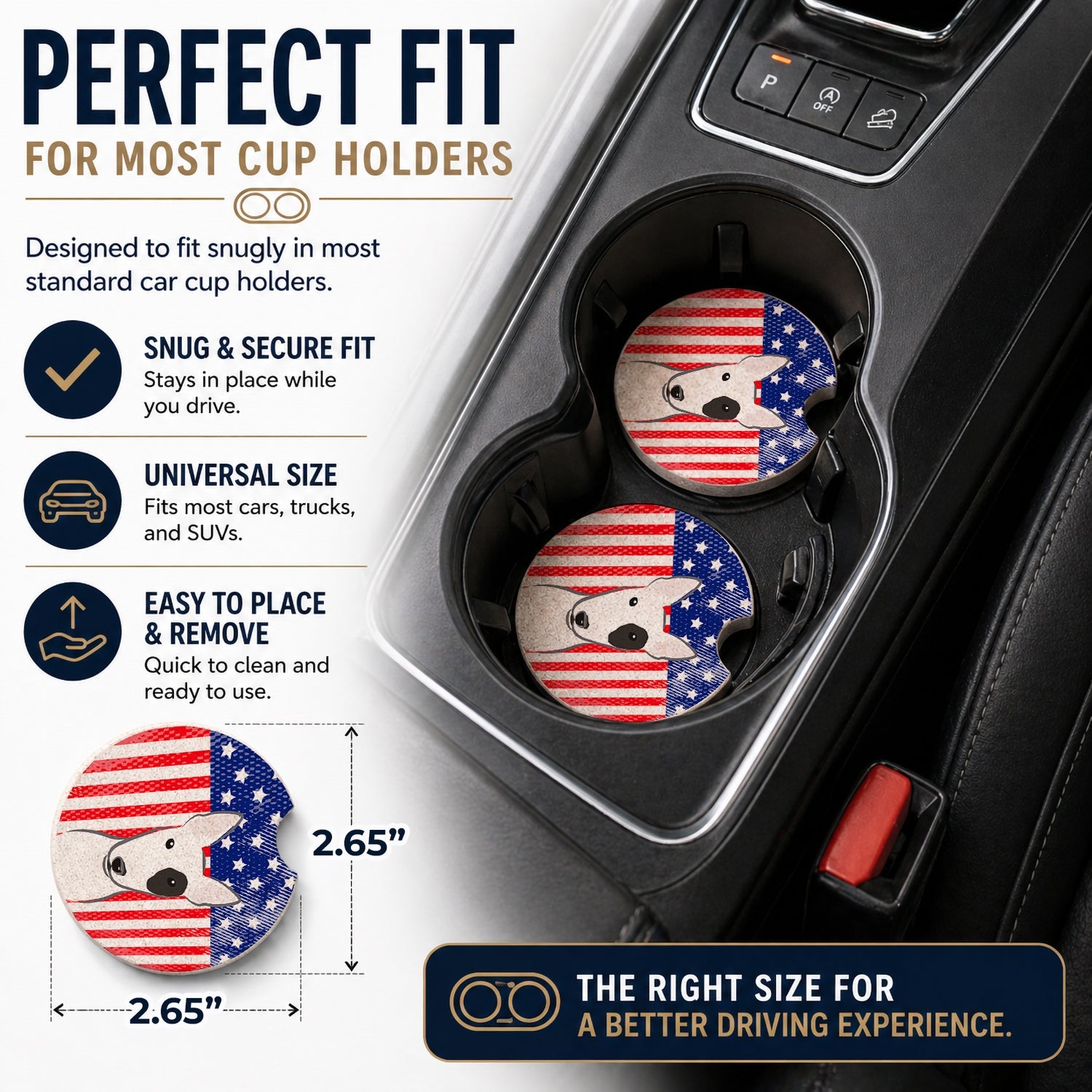American Flag and Bull Terrier Set of 2 Cup Holder Car Coasters Absorbent Round Sandstone Coasters Gifts for Men or Women, 2.5, Multicolor