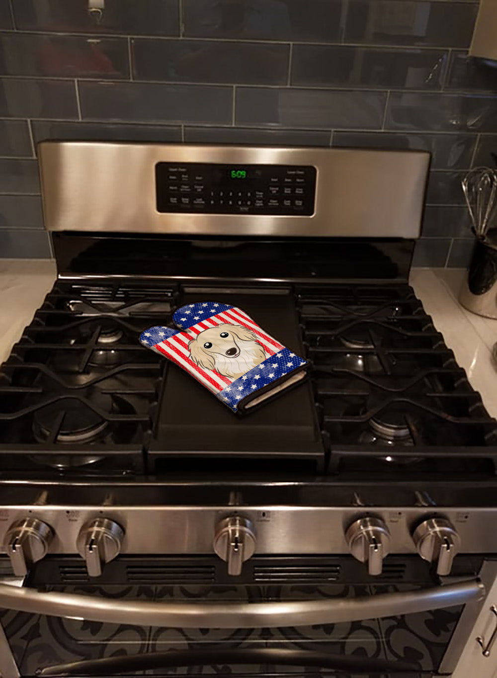 American Flag and Longhair Creme Dachshund Oven Mitt Heat Resistant Thick Oven Mitt for Hot Pans and Oven, Kitchen Mitt Protect Hands, Cooking Baking Glove