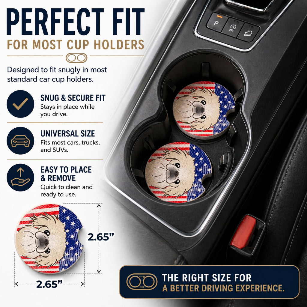 American Flag and Pekingese Set of 2 Cup Holder Car Coasters Absorbent Round Sandstone Coasters Gifts for Men or Women, 2.5, Multicolor