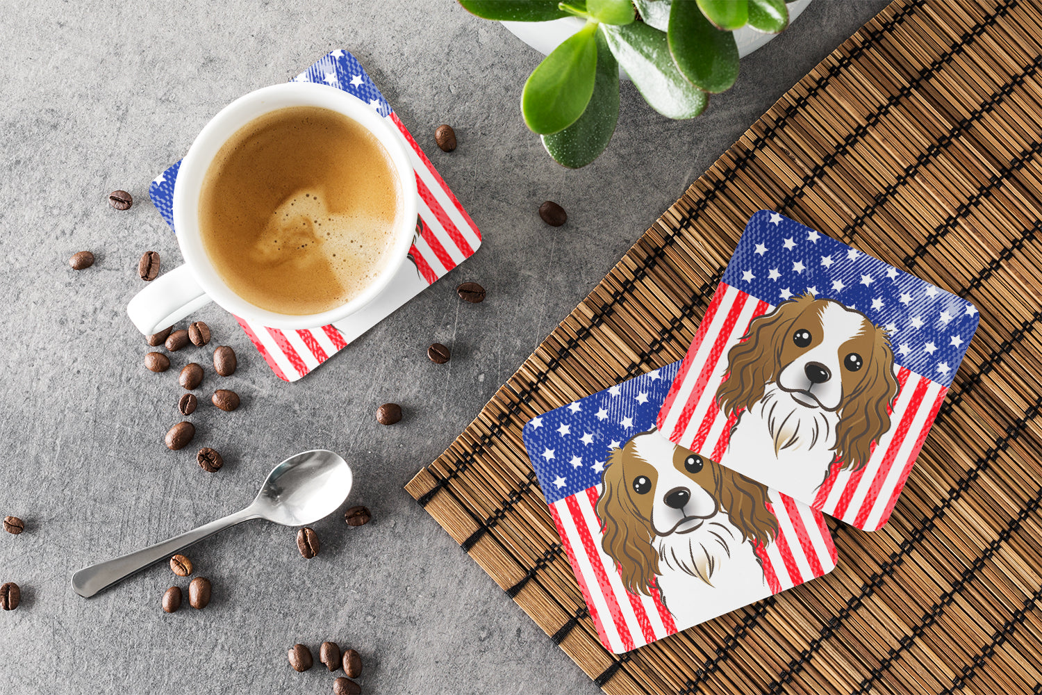 American Flag and Cavalier Spaniel Foam Coasters Set of 4 Cup Coasters for Indoor Outdoor, Tabletop Protection, Anti Slip, Mouse pad Material