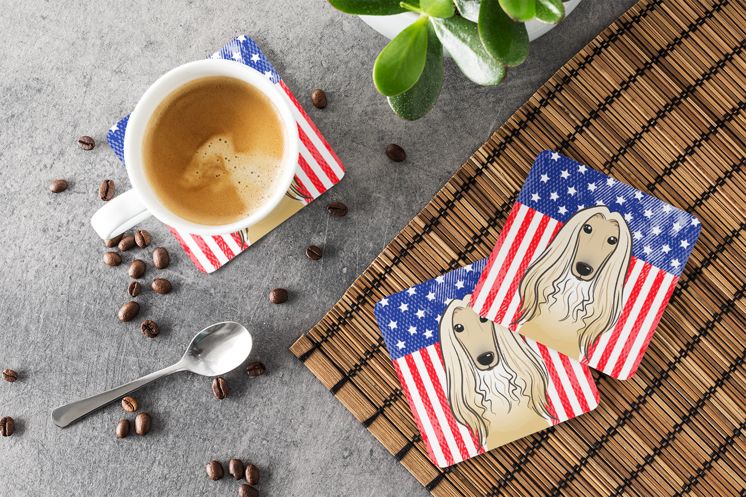American Flag and Afghan Hound Foam Coasters Set of 4 Cup Coasters for Indoor Outdoor, Tabletop Protection, Anti Slip, Mouse pad Material