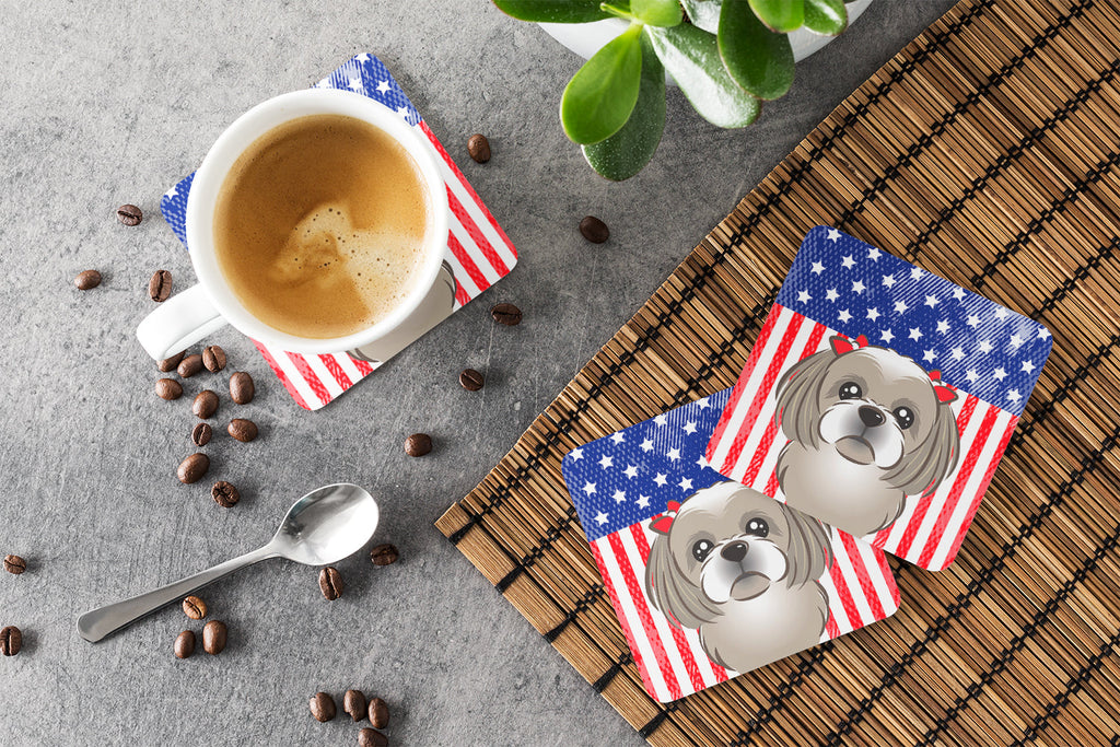 American Flag and Gray Silver Shih Tzu Foam Coasters Set of 4 Cup Coasters for Indoor Outdoor, Tabletop Protection, Anti Slip, Mouse pad Material