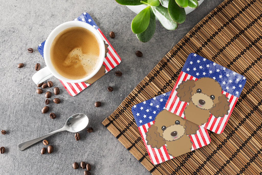 American Flag and Chocolate Brown Poodle Foam Coasters Set of 4 Cup Coasters for Indoor Outdoor, Tabletop Protection, Anti Slip, Mouse pad Material