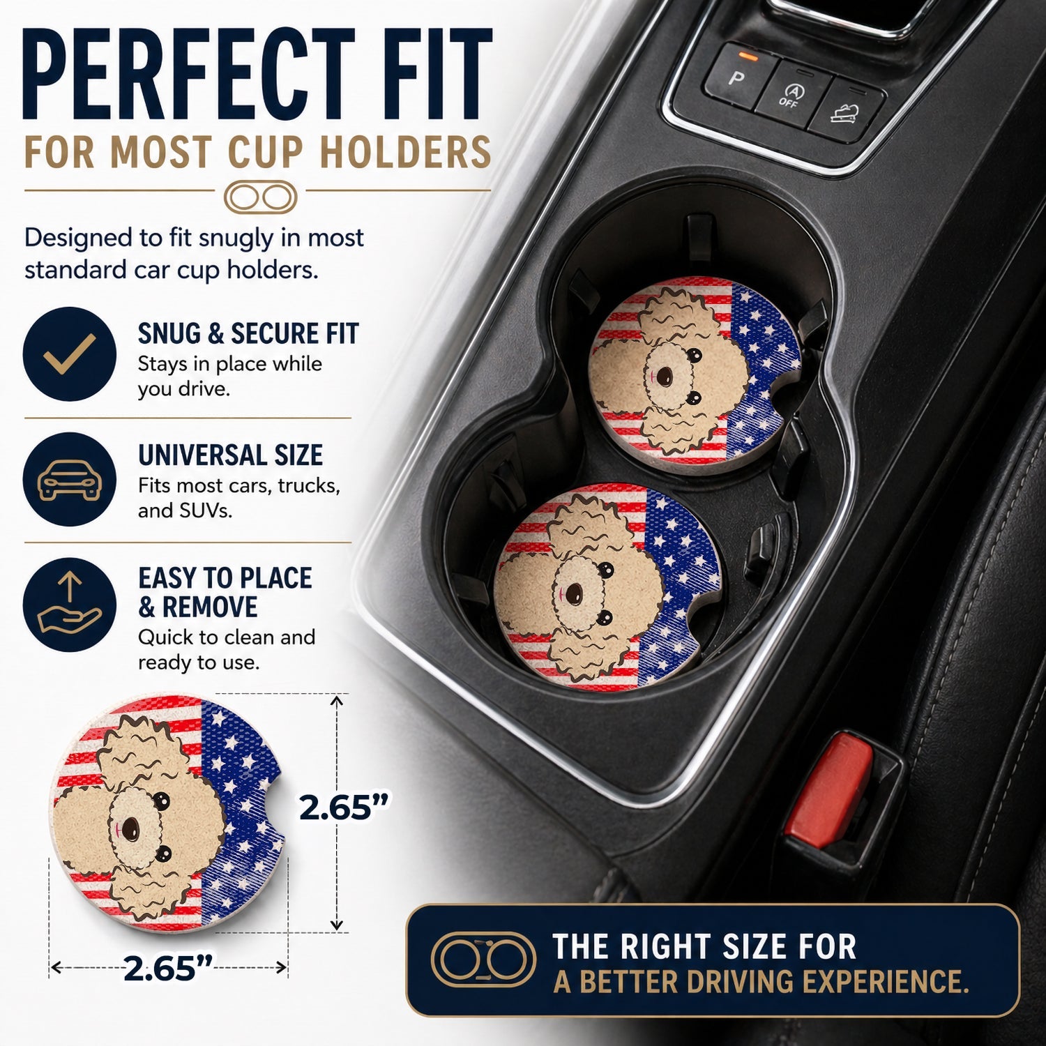 American Flag and Buff Poodle Set of 2 Cup Holder Car Coasters Absorbent Round Sandstone Coasters Gifts for Men or Women, 2.5, Multicolor