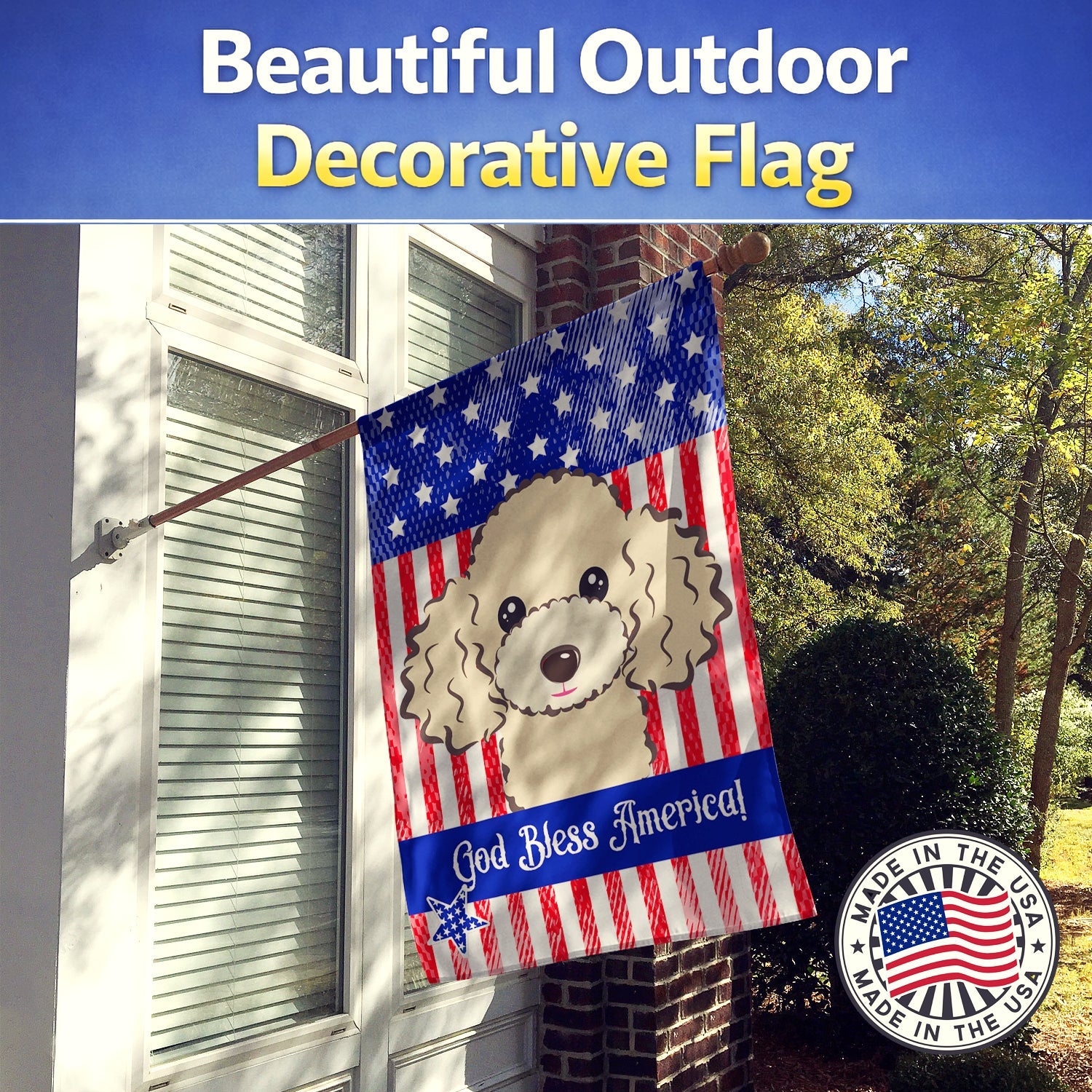 American Flag and Buff Poodle House Flag 28x40 Porch Sleeve Pole Decorative Outside Yard Banner Artwork Wall Hanging, Polyester