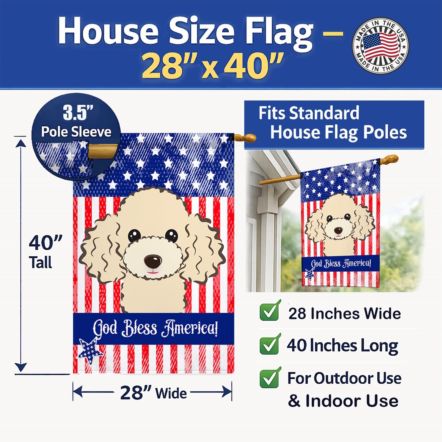 American Flag and Buff Poodle House Flag 28x40 Porch Sleeve Pole Decorative Outside Yard Banner Artwork Wall Hanging, Polyester