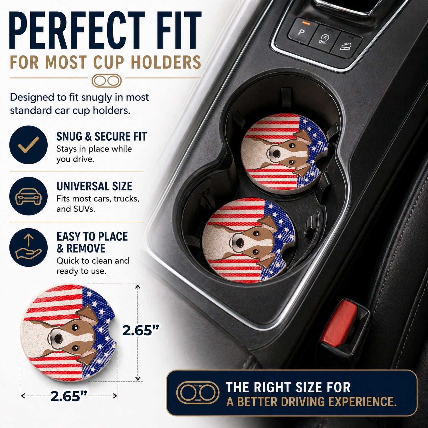 American Flag and Jack Russell Terrier Set of 2 Cup Holder Car Coasters Absorbent Round Sandstone Coasters Gifts for Men or Women, 2.5, Multicolor