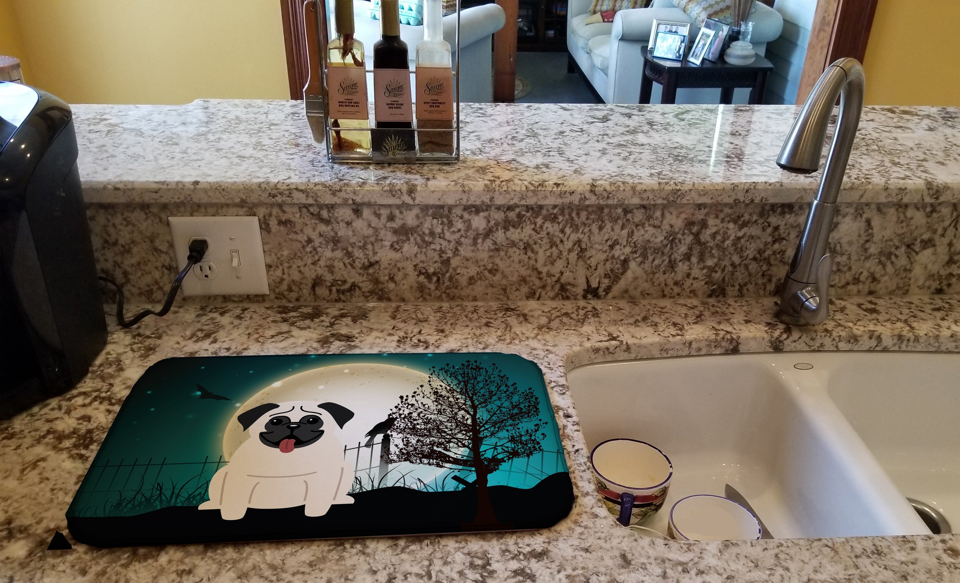 Halloween Scary Pug Cream Dish Drying Mat Absorbent Dish Drying Mat Pad for Kitchen Counter Dish Drainer Mat for Countertop, 14 x 21", Multicolor