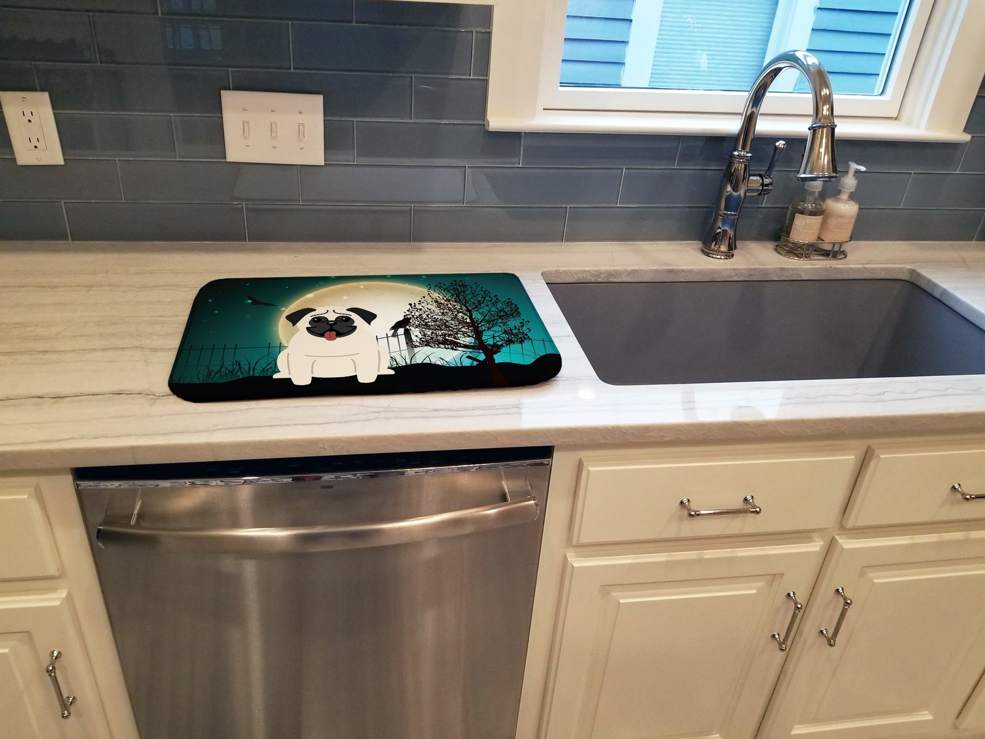 Halloween Scary Pug Cream Dish Drying Mat Absorbent Dish Drying Mat Pad for Kitchen Counter Dish Drainer Mat for Countertop, 14 x 21", Multicolor