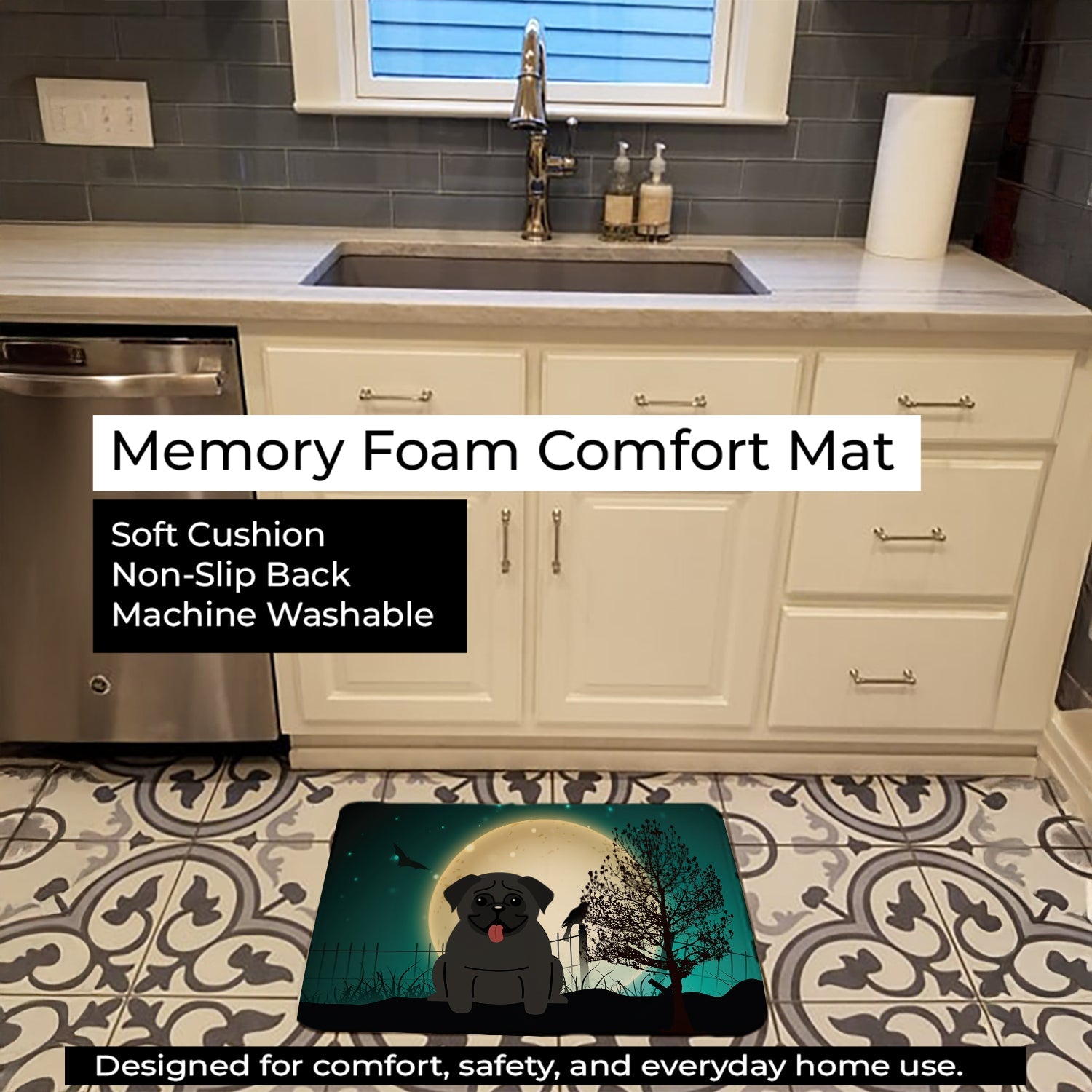 Halloween Scary Pug Black Memory Foam Kitchen Mat Machine Washable Anti-Fatigue Cushion Comfort Bath or Kitchen Rug