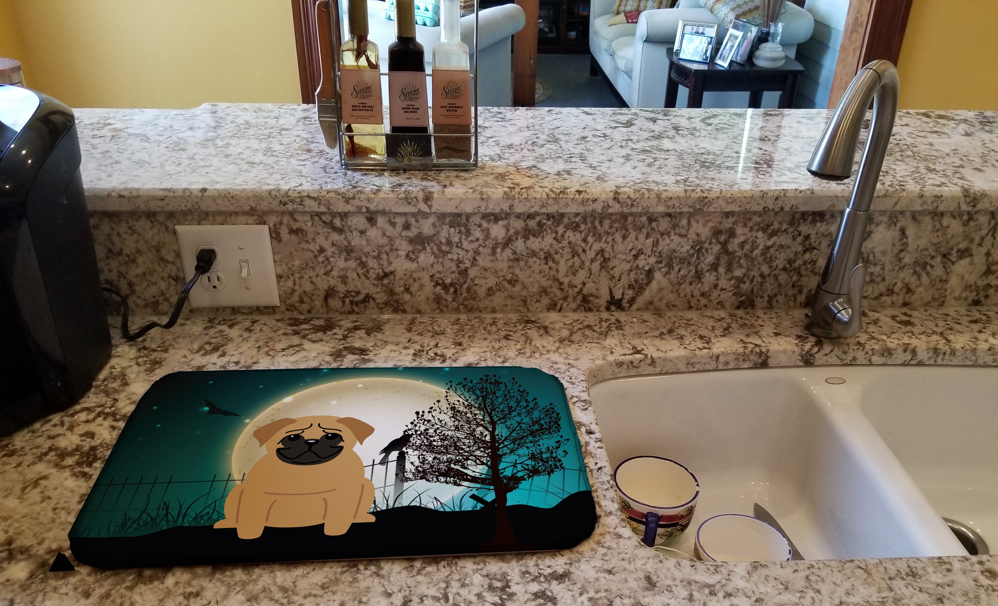 Halloween Scary Pug Brown Dish Drying Mat Absorbent Dish Drying Mat Pad for Kitchen Counter Dish Drainer Mat for Countertop, 14 x 21", Multicolor