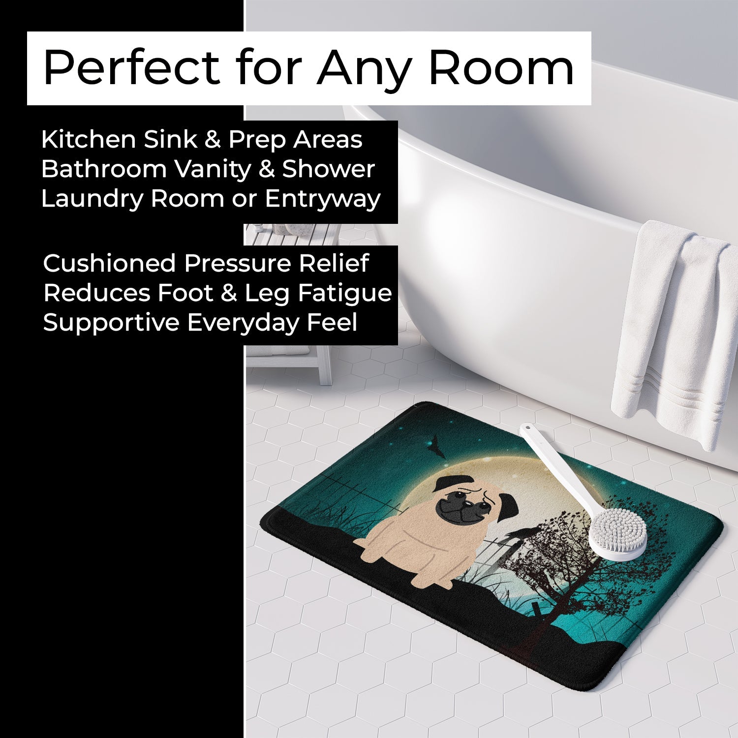 Halloween Scary Pug Fawn Memory Foam Kitchen Mat Machine Washable Anti-Fatigue Cushion Comfort Bath or Kitchen Rug