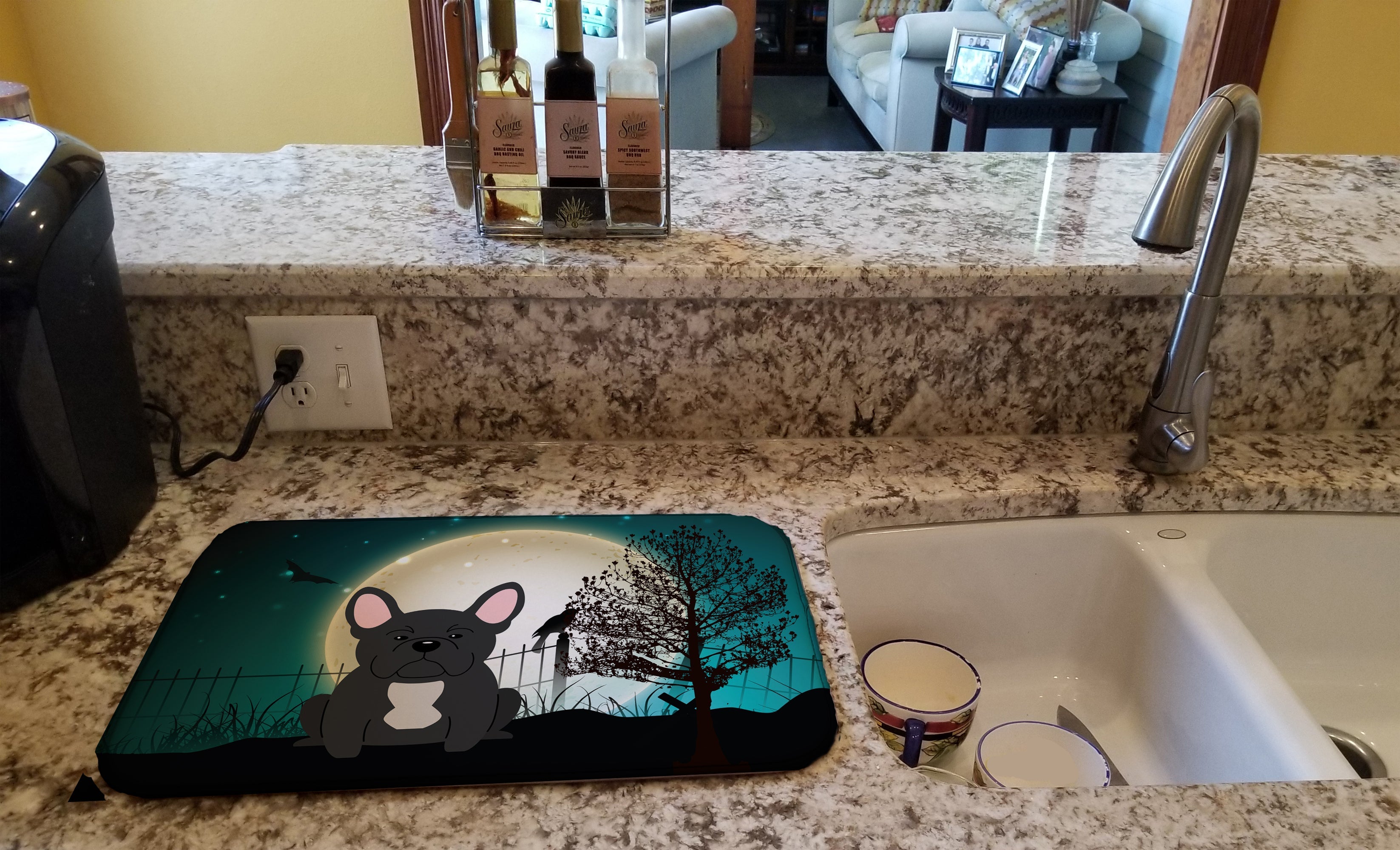 Halloween Scary French Bulldog Black Dish Drying Mat Absorbent Dish Drying Mat Pad for Kitchen Counter Dish Drainer Mat for Countertop, 14 x 21", Multicolor