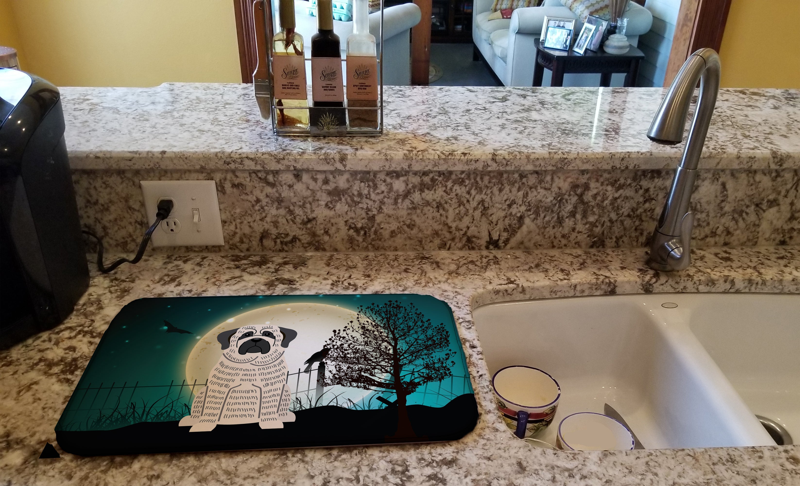 Halloween Scary Mastiff Brindle White Dish Drying Mat Absorbent Dish Drying Mat Pad for Kitchen Counter Dish Drainer Mat for Countertop, 14 x 21", Multicolor