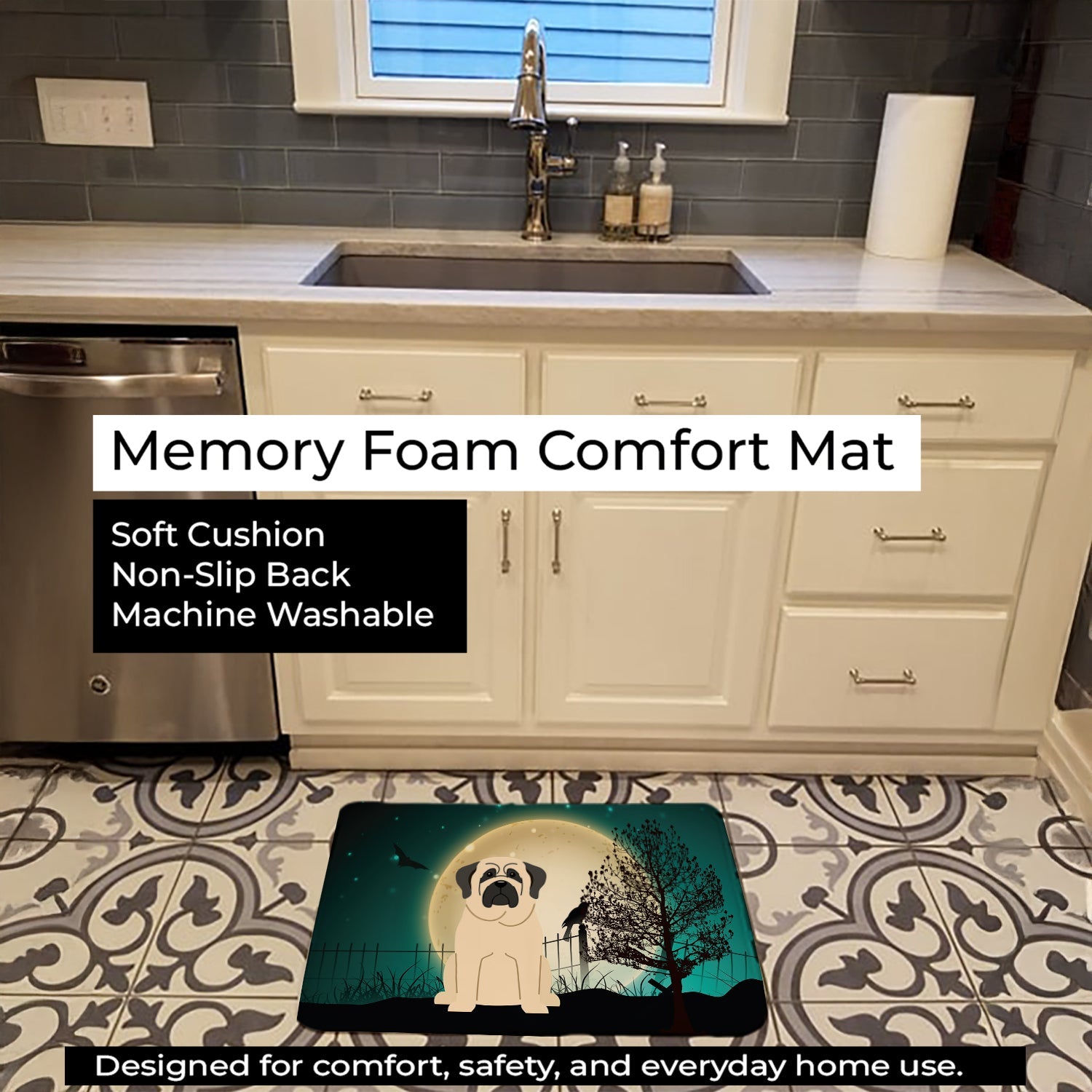 Halloween Scary Mastiff White Memory Foam Kitchen Mat Machine Washable Anti-Fatigue Cushion Comfort Bath or Kitchen Rug