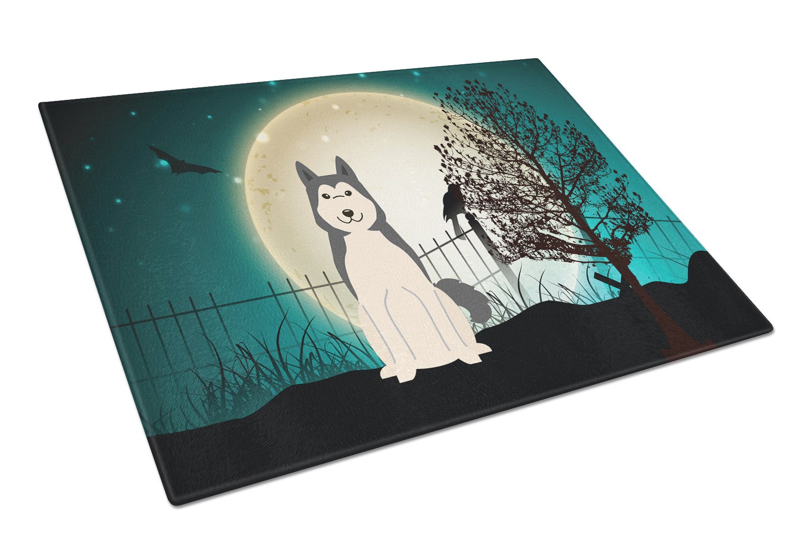 Halloween Scary West Siberian Laika Spitz Cutting Board Tempered Glass Kitchen Cutting Surface, Heat Resistant Chopping, Non-Slip Feet, Food Prep & Serving