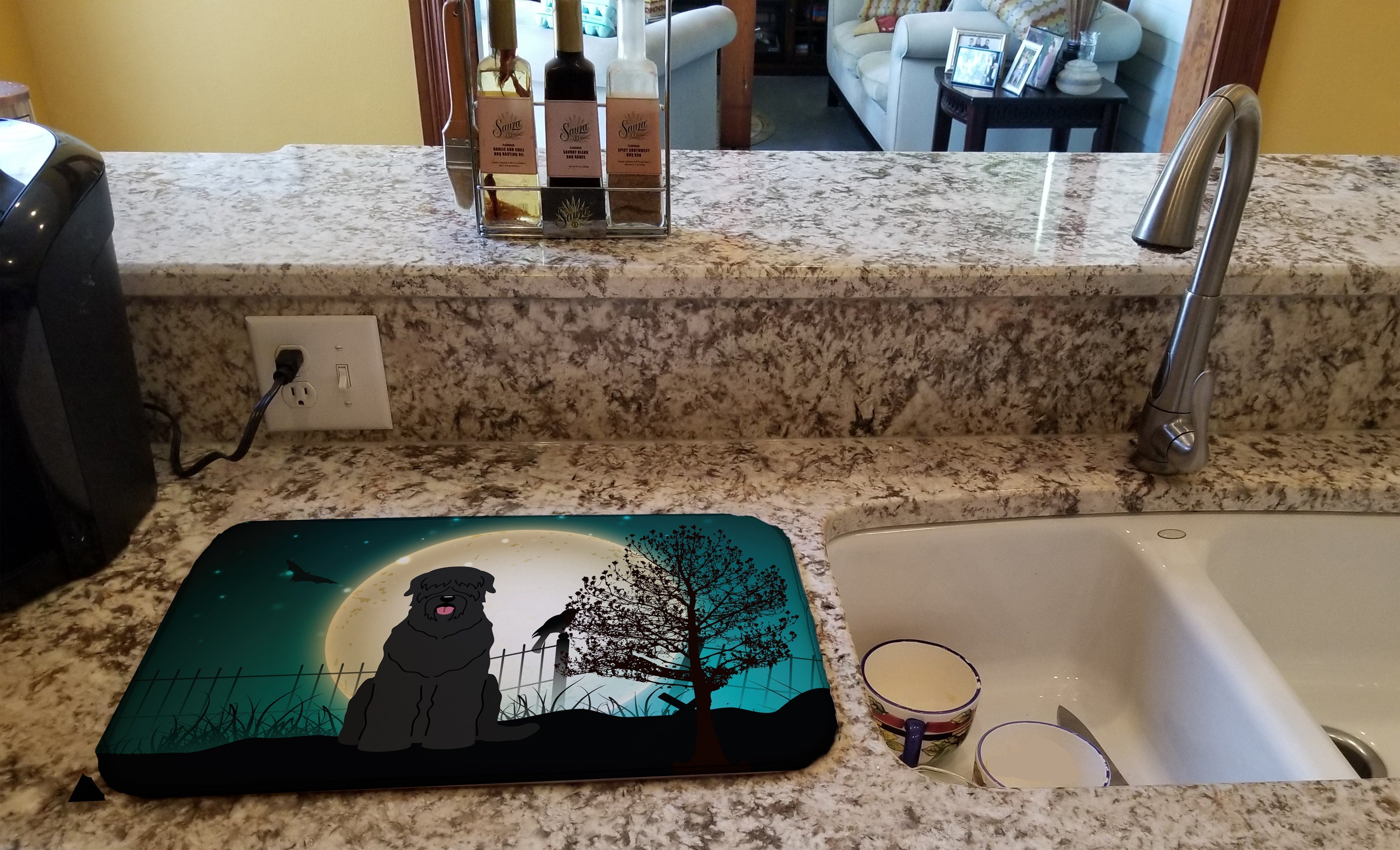Halloween Scary Black Russian Terrier Dish Drying Mat Absorbent Dish Drying Mat Pad for Kitchen Counter Dish Drainer Mat for Countertop, 14 x 21", Multicolor