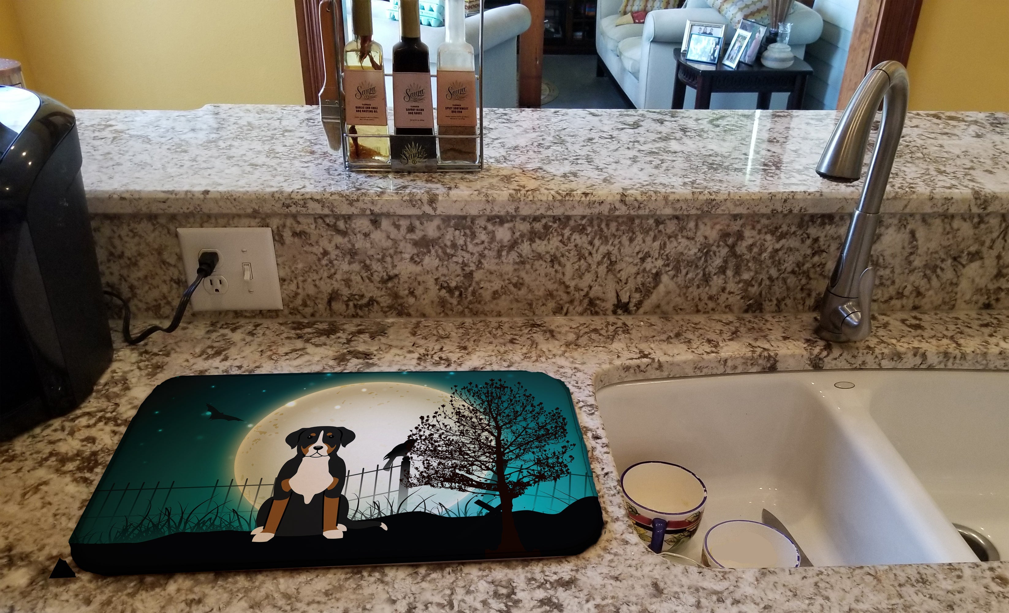 Halloween Scary Greater Swiss Mountain Dog Dish Drying Mat Absorbent Dish Drying Mat Pad for Kitchen Counter Dish Drainer Mat for Countertop, 14 x 21", Multicolor